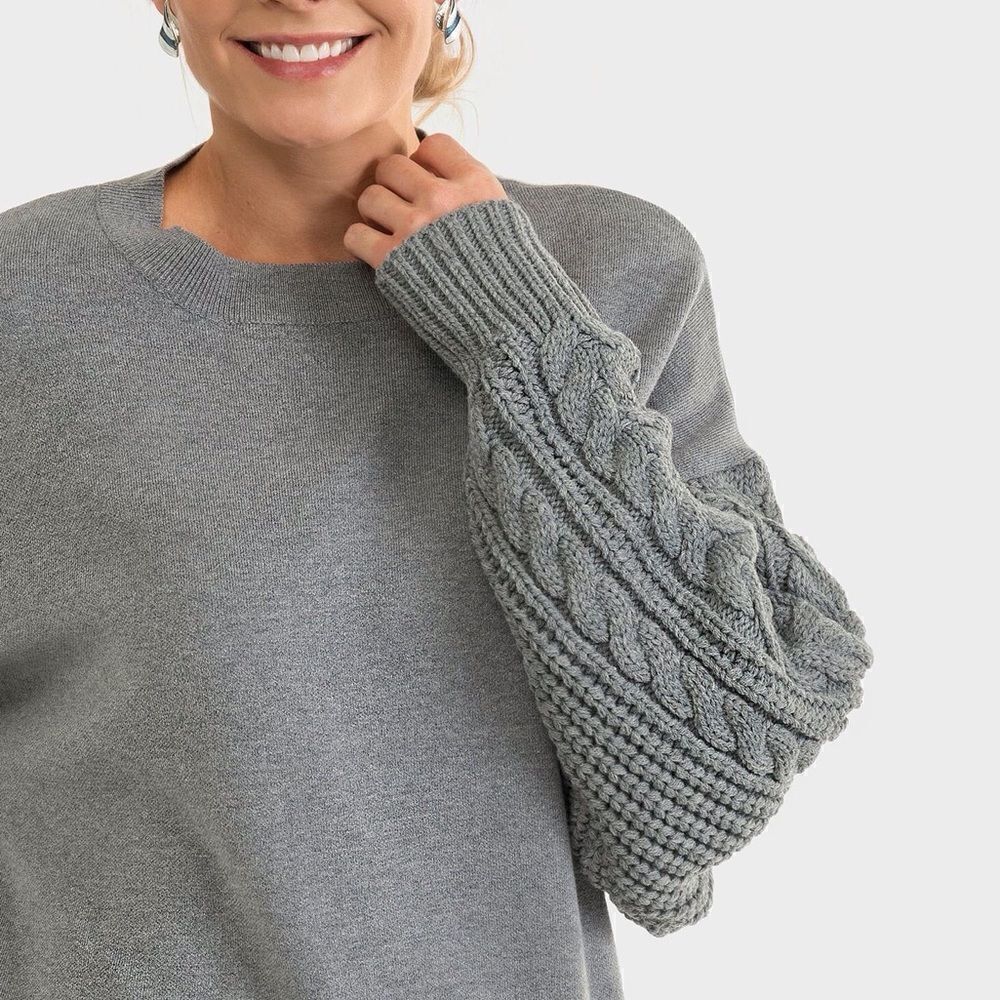 Elsie & Zoey Gray Cable Knit Sleeve Oversized Crew Neck Eco Friendly Sweater